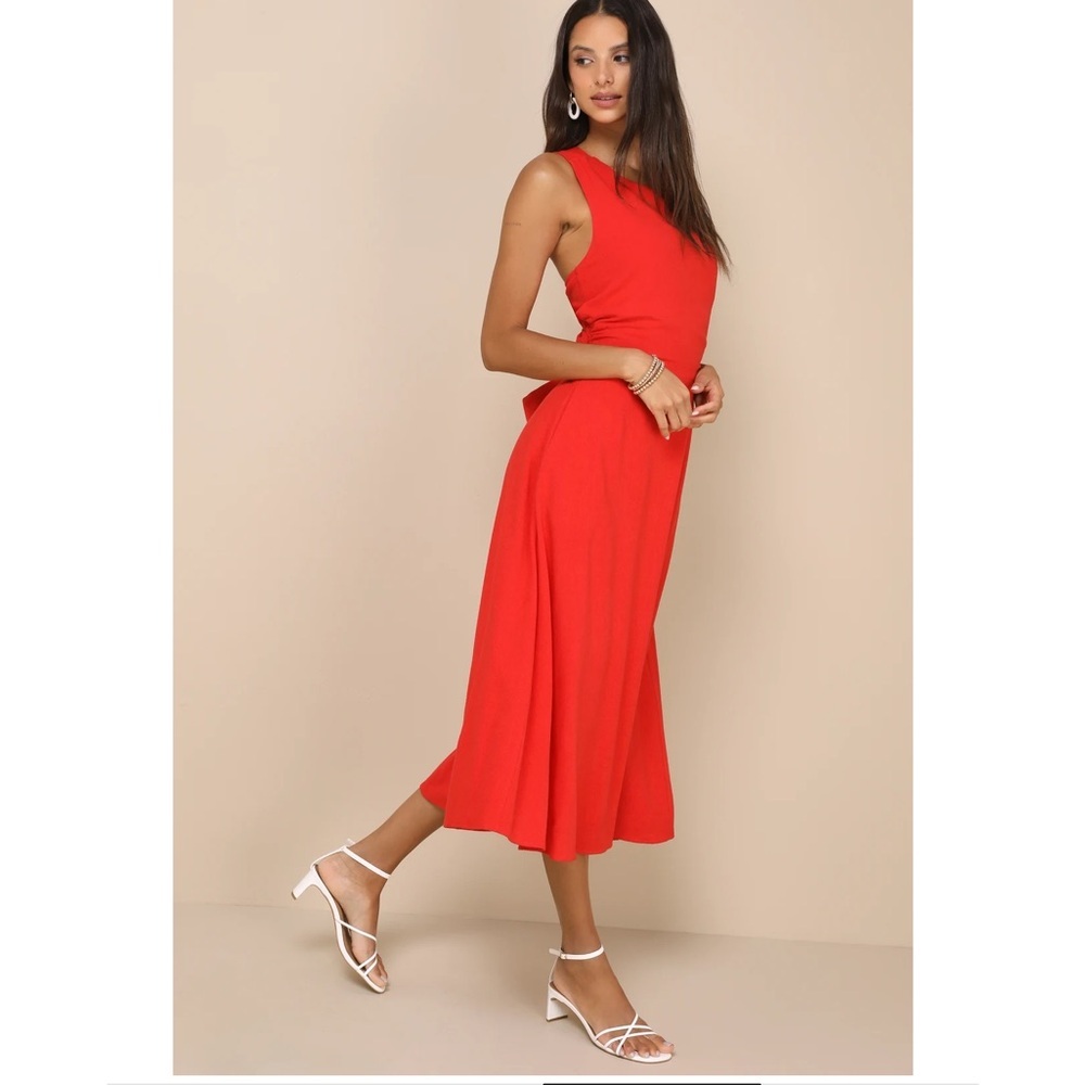 NWT Lulu’s Sunny Energy Red Lace-Up Midi Dress with Pockets Small Vacation Chic - Picture 4 of 14